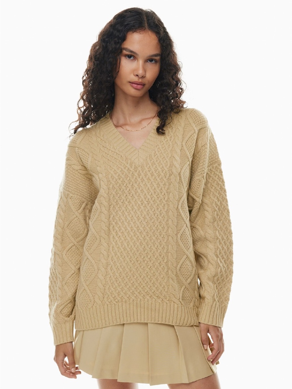 Aritzia Sunday Best Peggy V-Neck Sweater in Wicker Tan